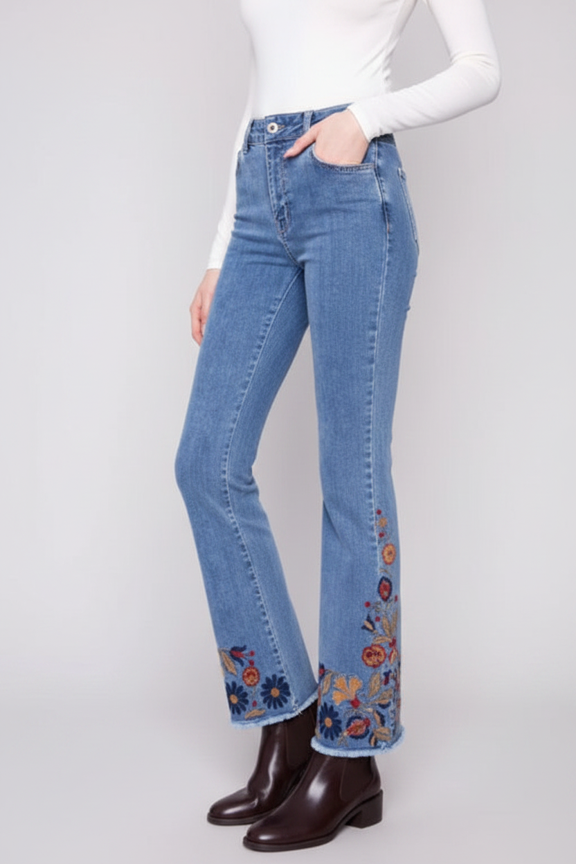 Denim Pants with Colorful Embroidery Charlie B C5667-431A