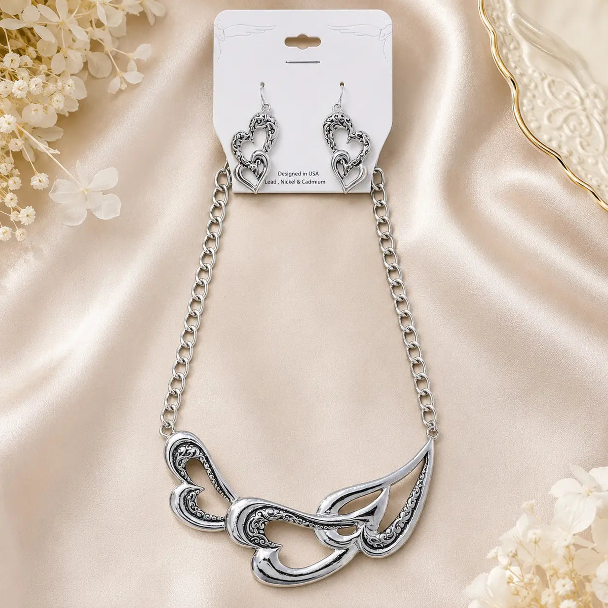 Antique Silver Filigree Three Open Metal Heart NK Set 0011 Premiere FR4014
