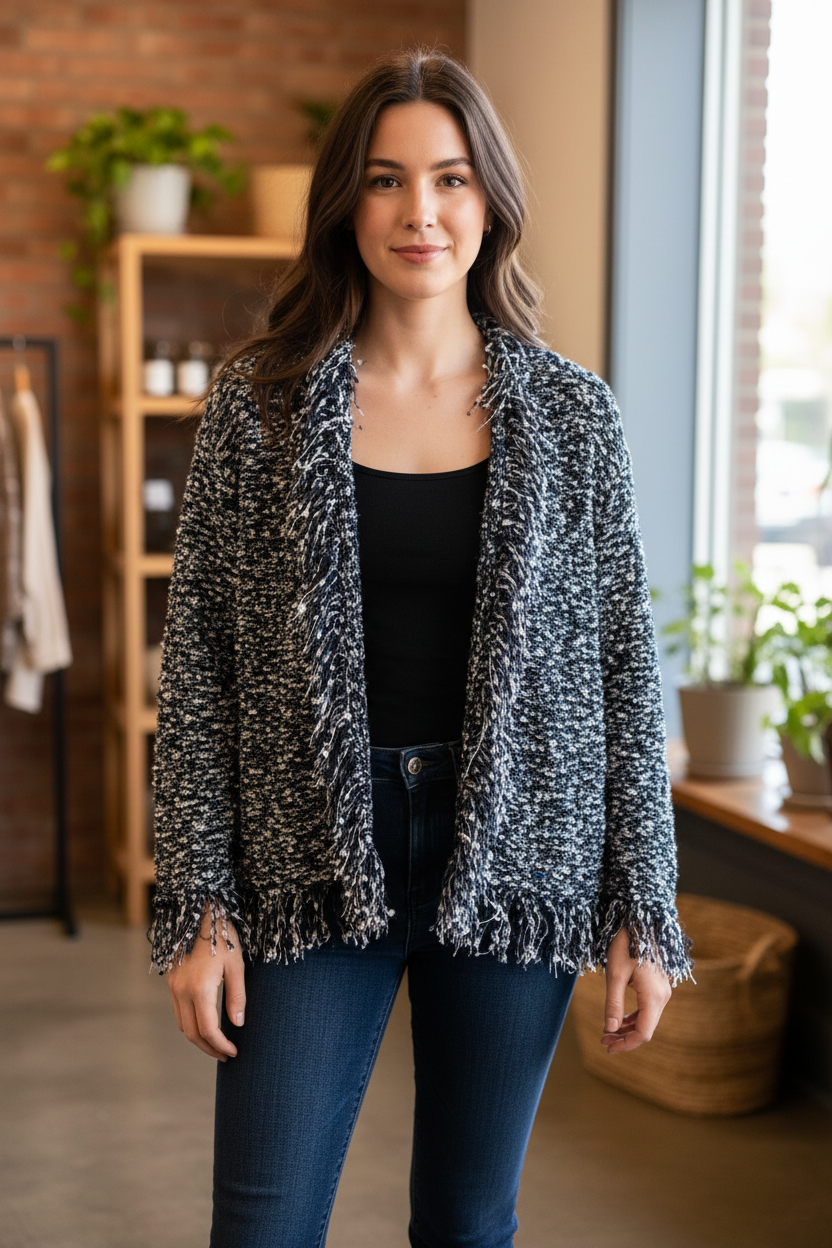 Navy Marled Bouclé Fringe-Trim Cardigan