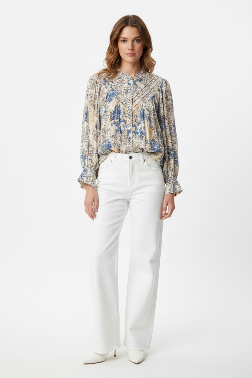 Ivory Blue Printed Button Down Long Sleeve Blouse ee:some tk16955