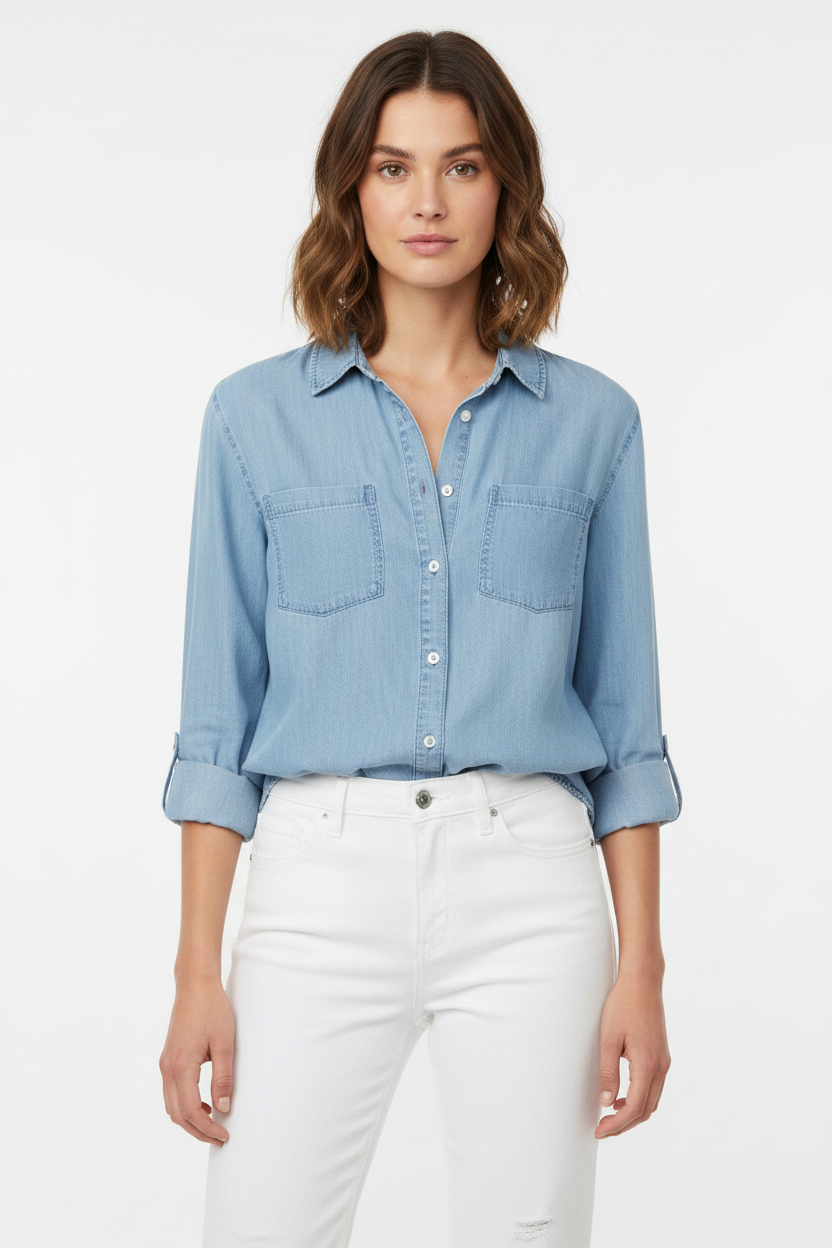 Ee:some TK16404 Button Down Notched Collar Chambray Shirt