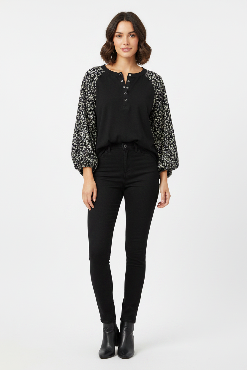 Black Floral Sleeve Henley Top Eesome th17100