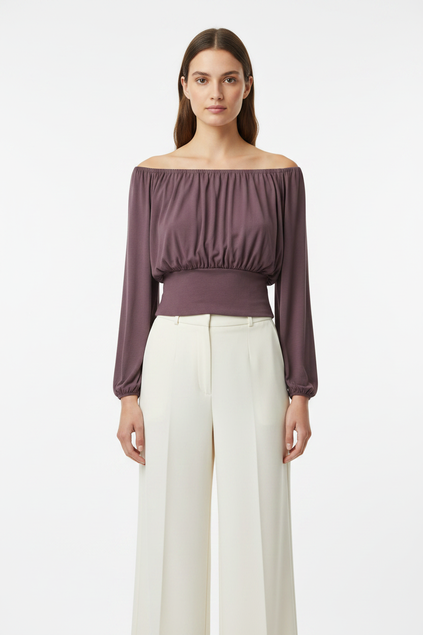 Deep Plum Solid Fitted Waist Top Eesome tk16532