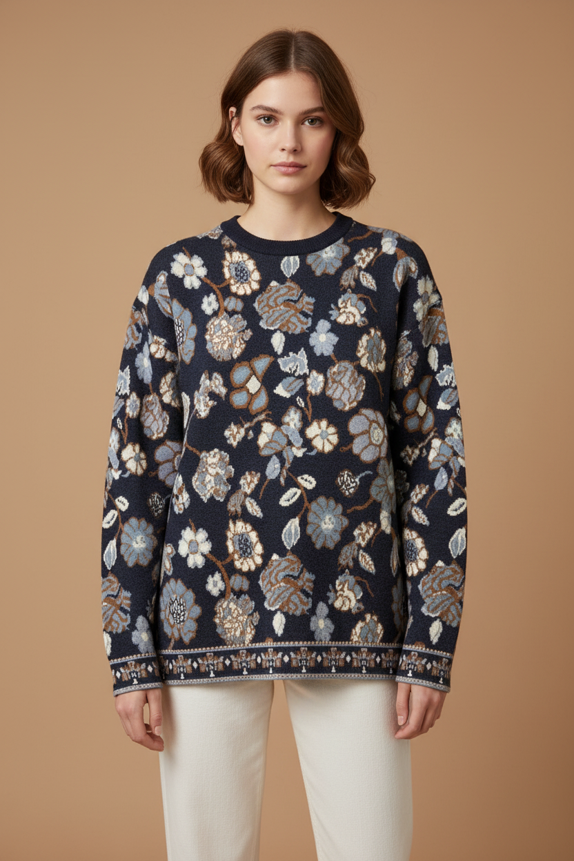 Navy Tapestry Floral Crew-Neck Sweater