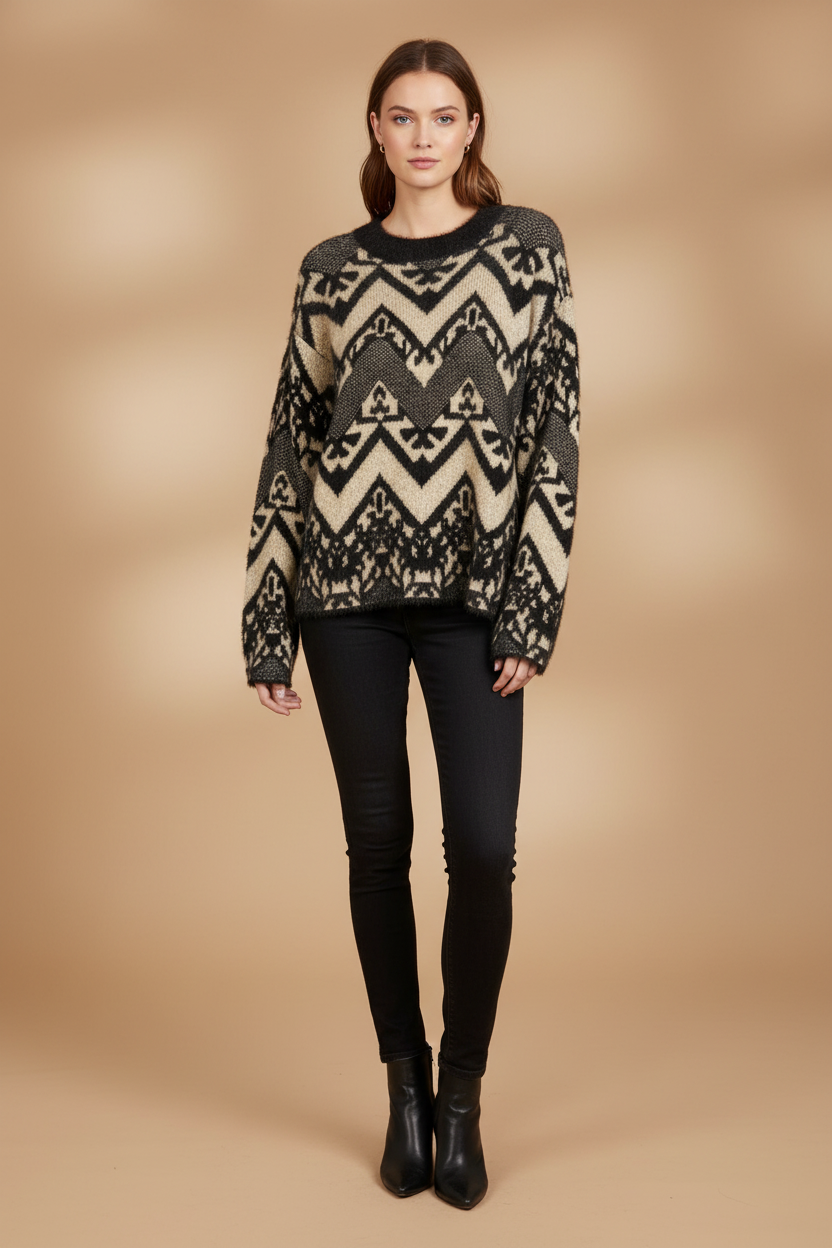 Black & Cream Chevron Fair Isle Fuzzy Sweater