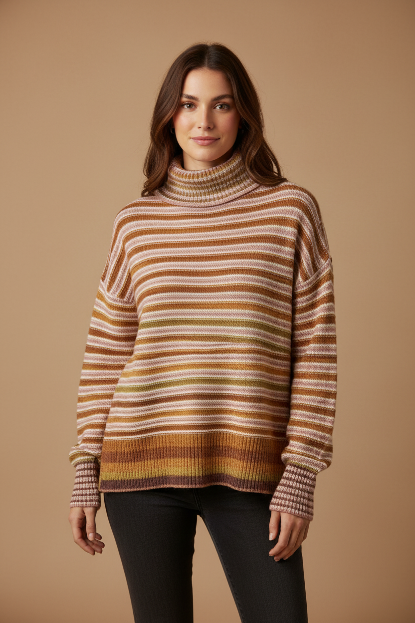 Earth Tone Stripe Turtleneck Sweater