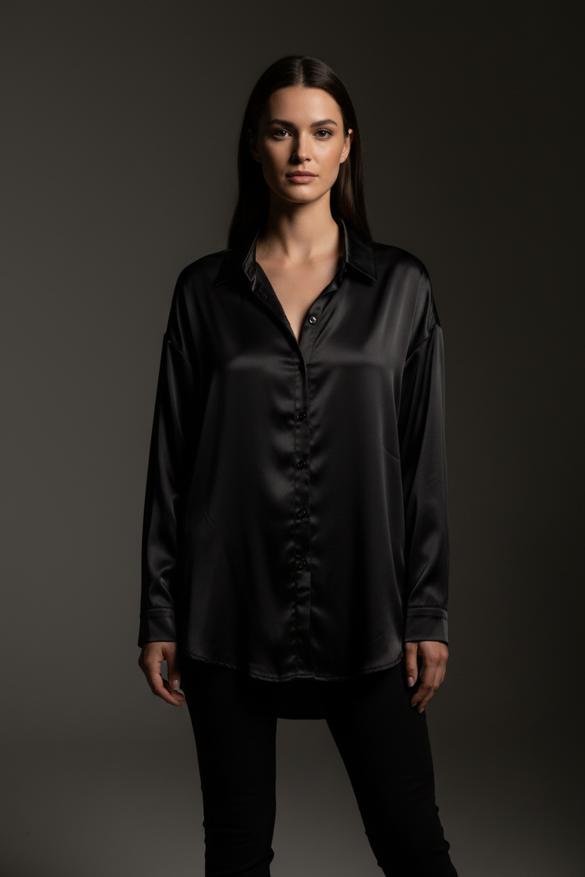 Black Satin Oversized Button-Down Shirt