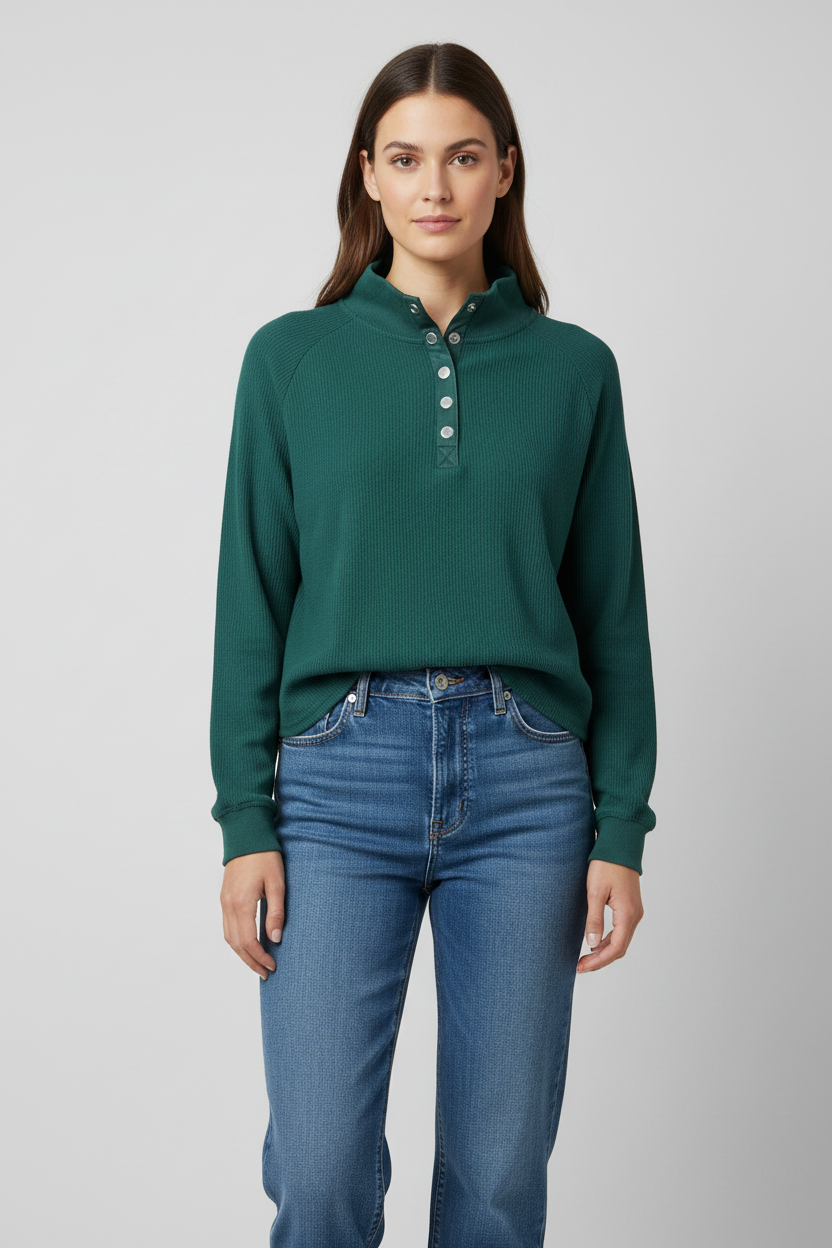 Teal Ribbed Snap-Neck Pullover Tribal 6036O-5139-3247