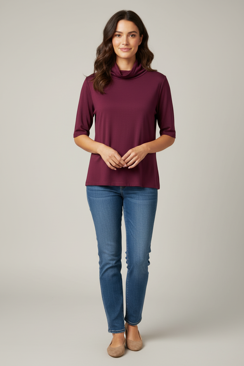 Plum Cowl-Neck Short-Sleeve Top Tribal 7943O-2422-3002