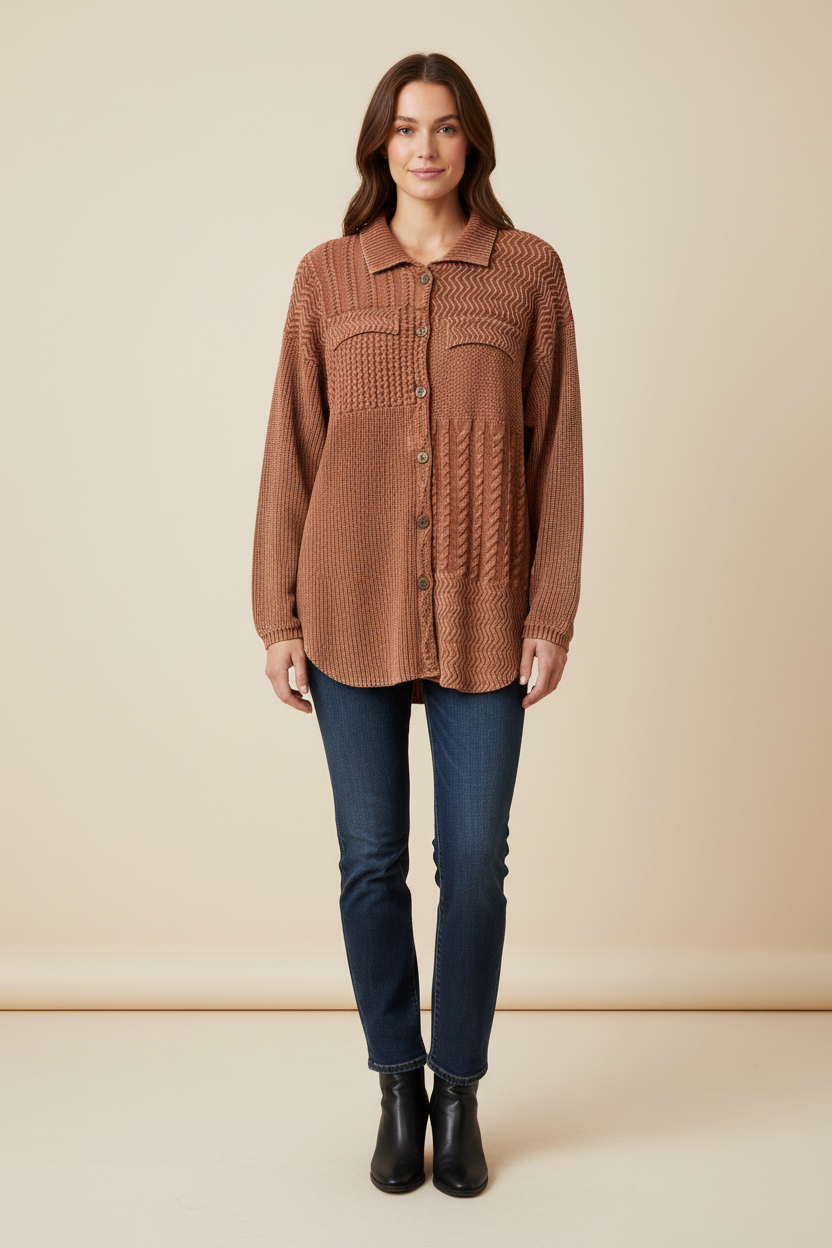 Rust-Camel Textured Knit Button-Front Jacket Tribal 7869O-4632-3115