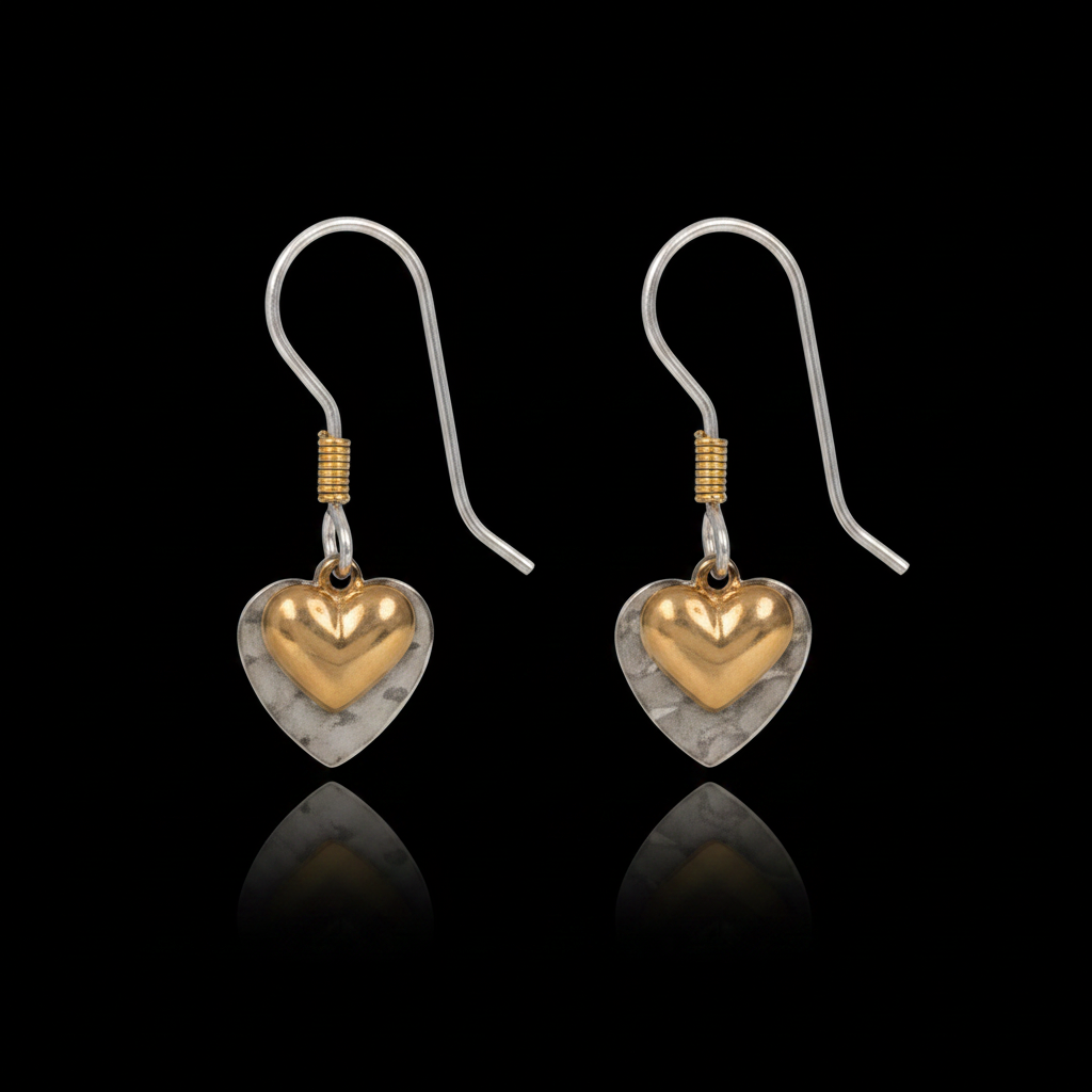 Gold Puffy Heart Drop Earrings black background
