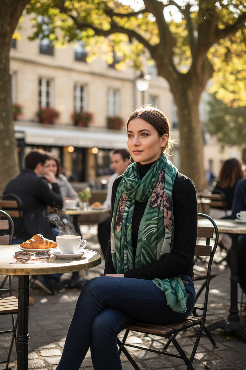 Green Botanical Scarf - Café