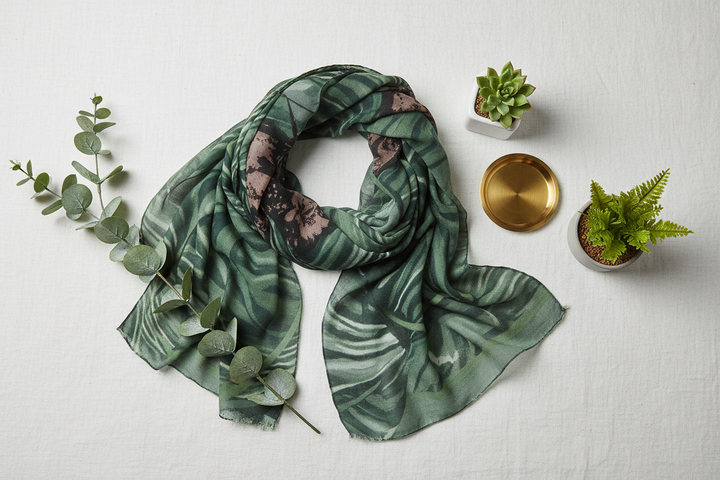 Green Botanical Scarf - Flat Lay