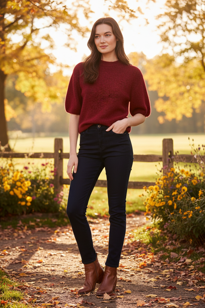 Cabernet Puff Elbow-Sleeve Knit Sweater