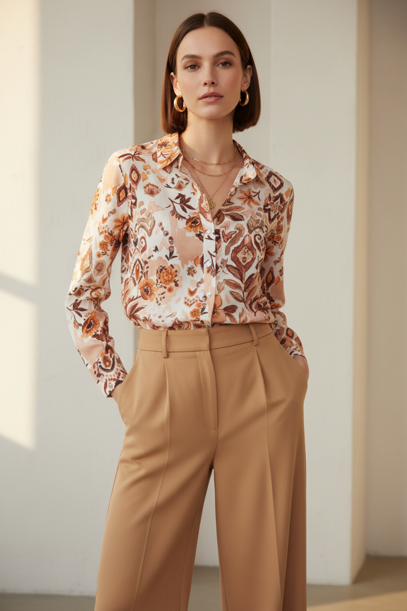 Long Sleeve Jacobean Floral Button-Up Blouse | Charlie B C4252Y-634A