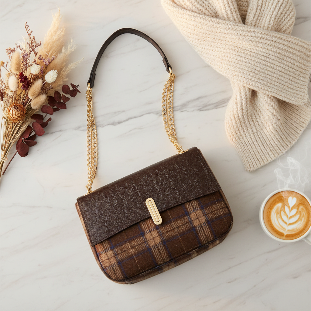 Brown/Tan Plaid Twist-Lock Crossbody Bag | Jen & Co - M2910-BR.TN