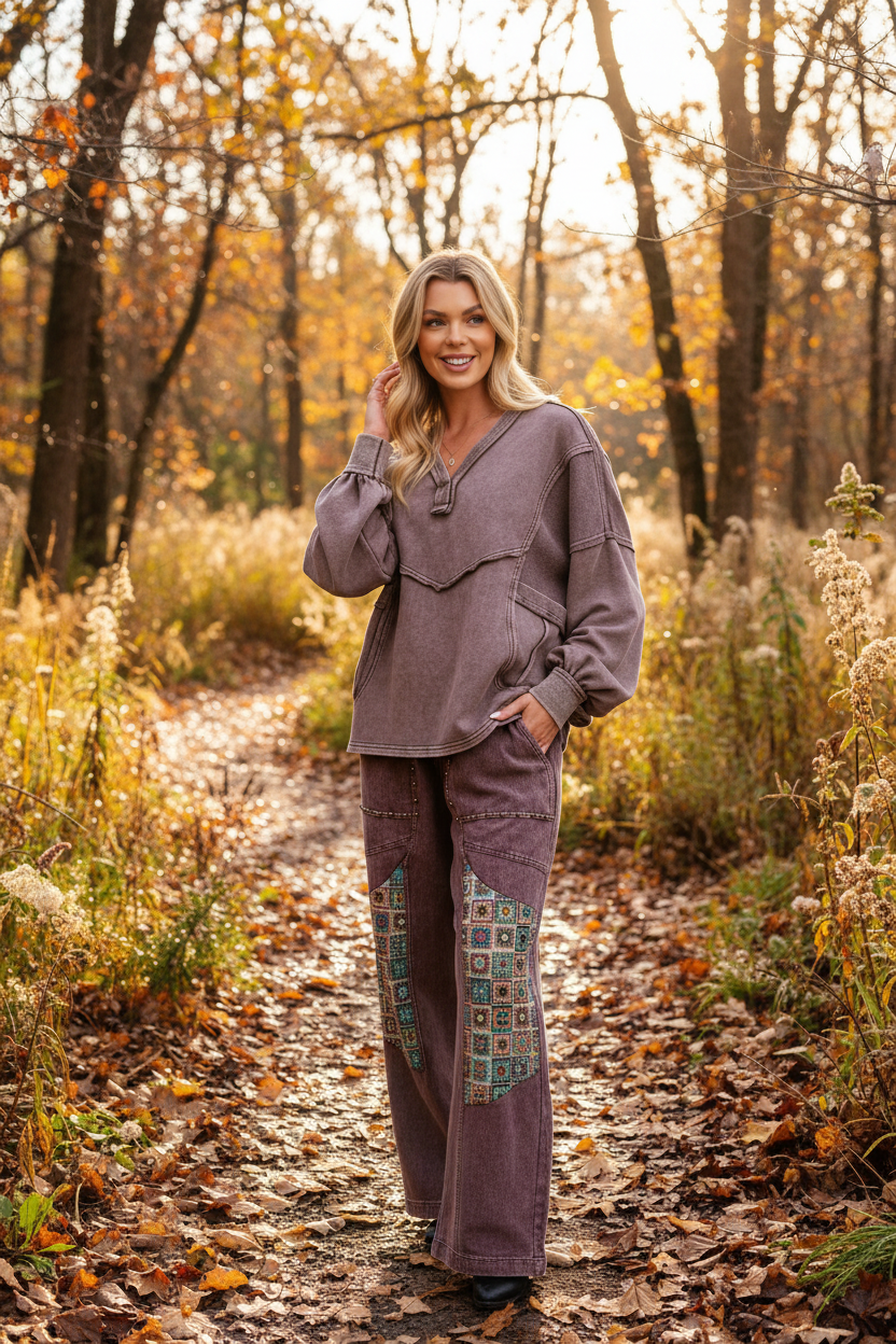 Mocha Monkey Washed V Neck Long Sleeve Easel ET29708