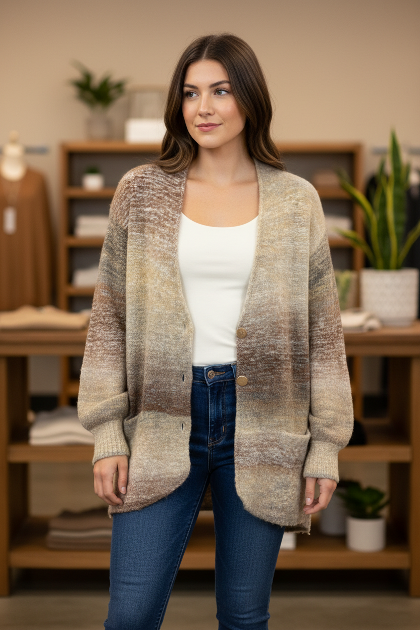 Model wearing a taupe and gray marled knit cardigan with buttons and patch pockets in a front-facing pose.