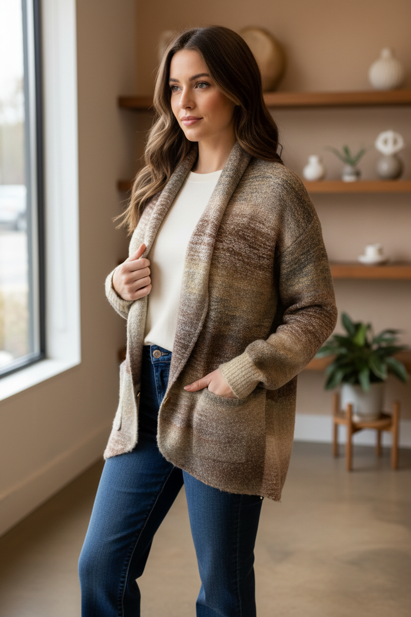 Model wearing a taupe and gray marled knit cardigan with a draped front and patch pockets in a three-quarter pose.