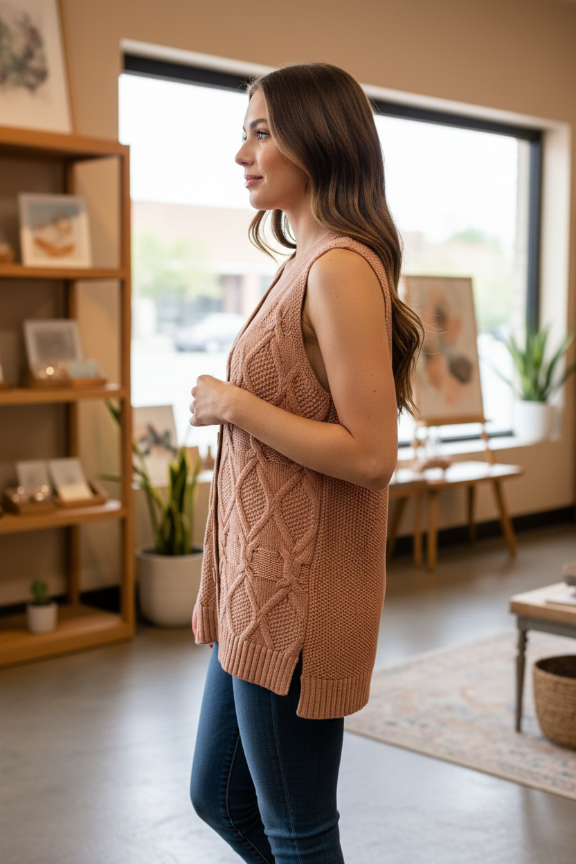 Woman wearing a warm cinnamon Tribal cable-knit button-front sweater vest in a side-profile pose.