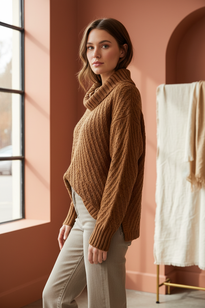 Model wearing a warm brown cable-knit sweater with an oversized cowl neck in a side-profile pose.