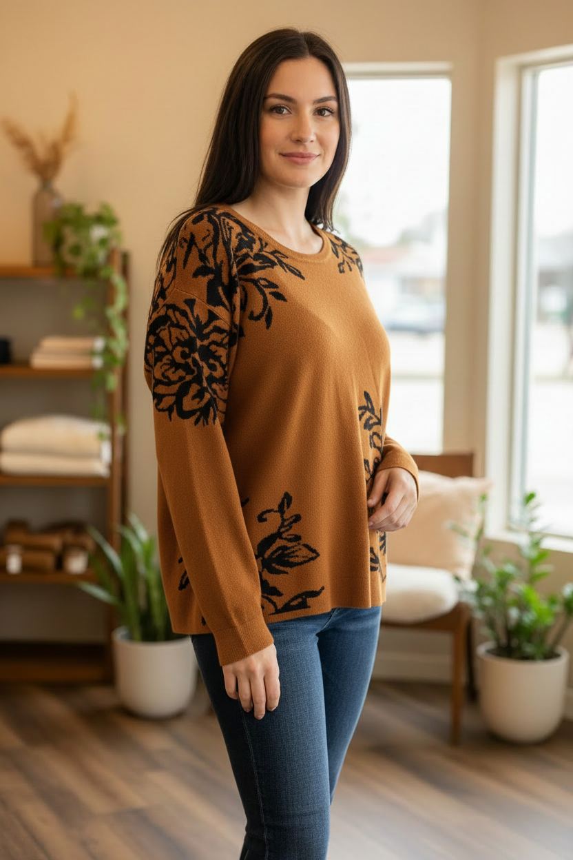 Model wearing a rust-colored Fransa top with black botanical print in a three-quarter pose.
