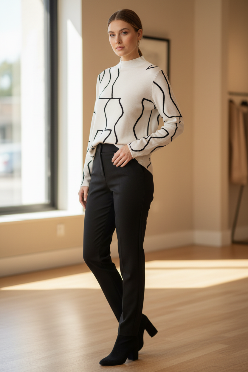 Model wearing a cream long-sleeve top with black abstract geometric line pattern in a three-quarter pose.