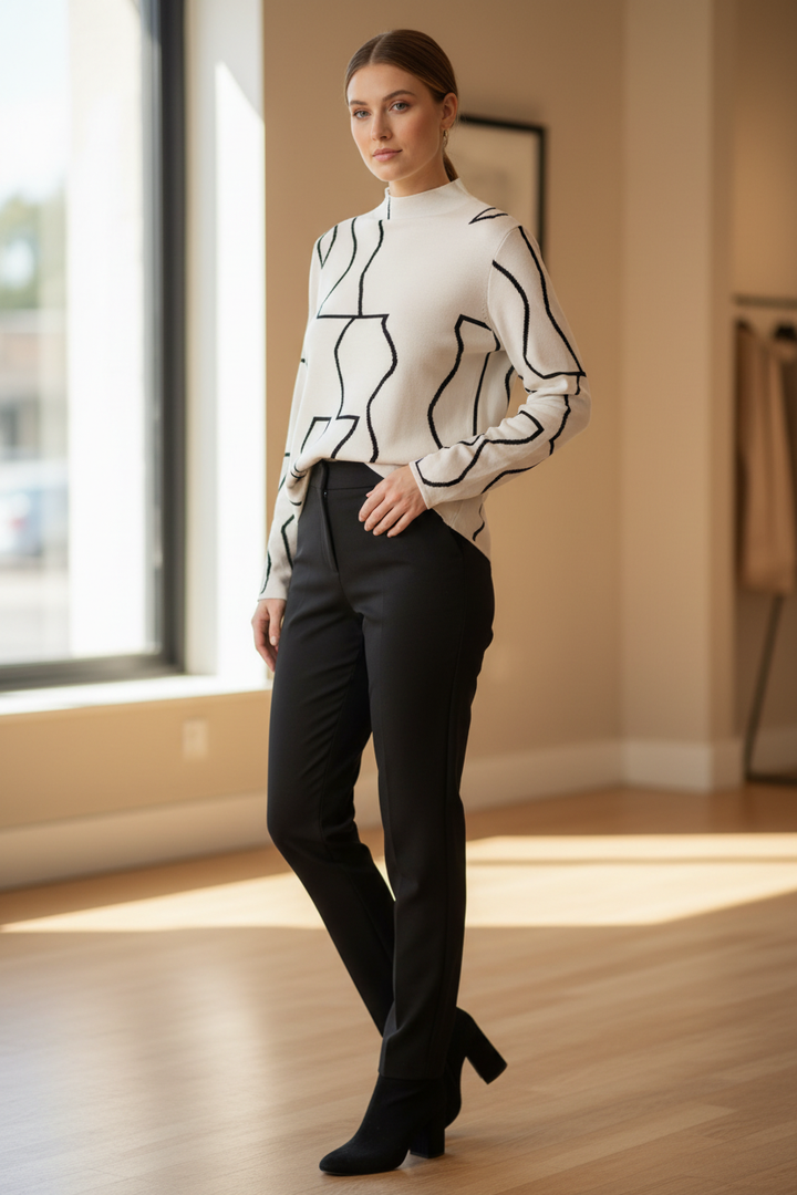 Model wearing a cream long-sleeve top with black abstract geometric line pattern in a three-quarter pose.