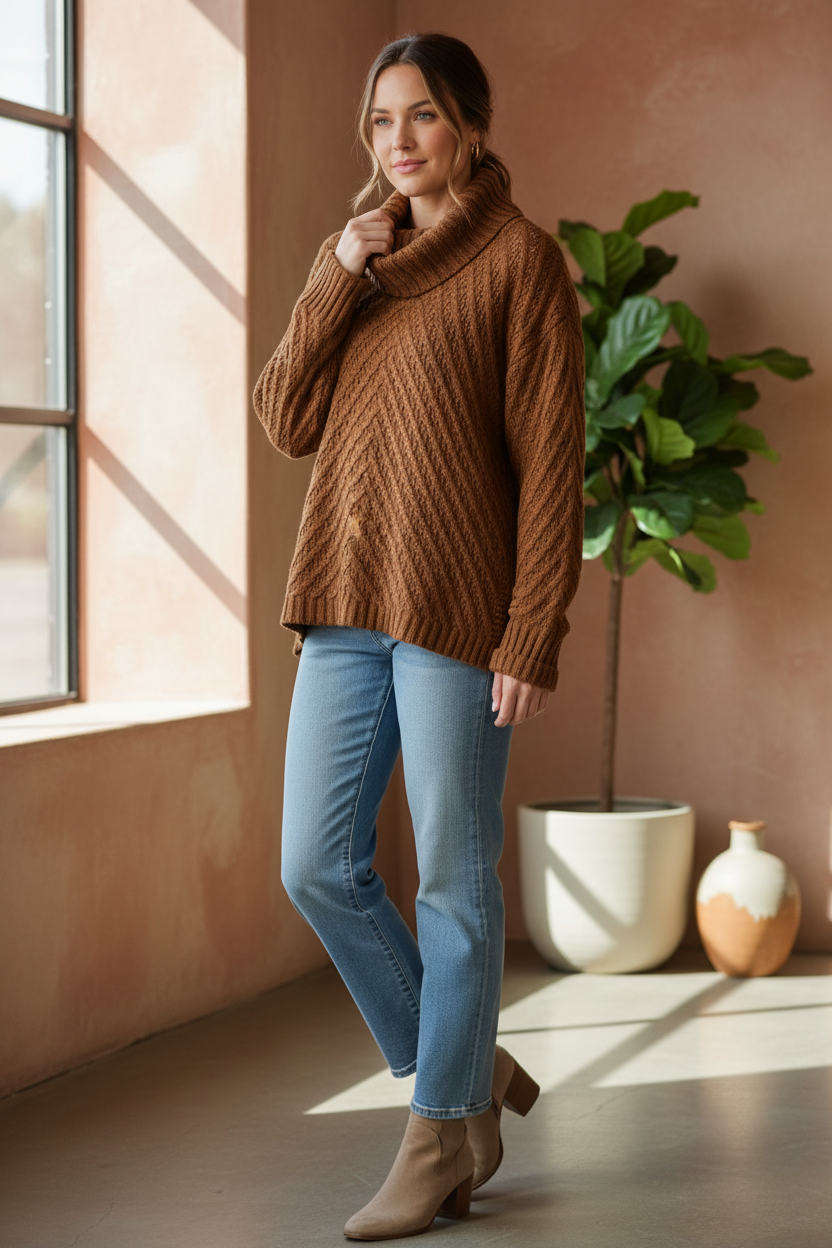 Model wearing a warm brown cable-knit sweater with an oversized cowl neck in a three-quarter pose.