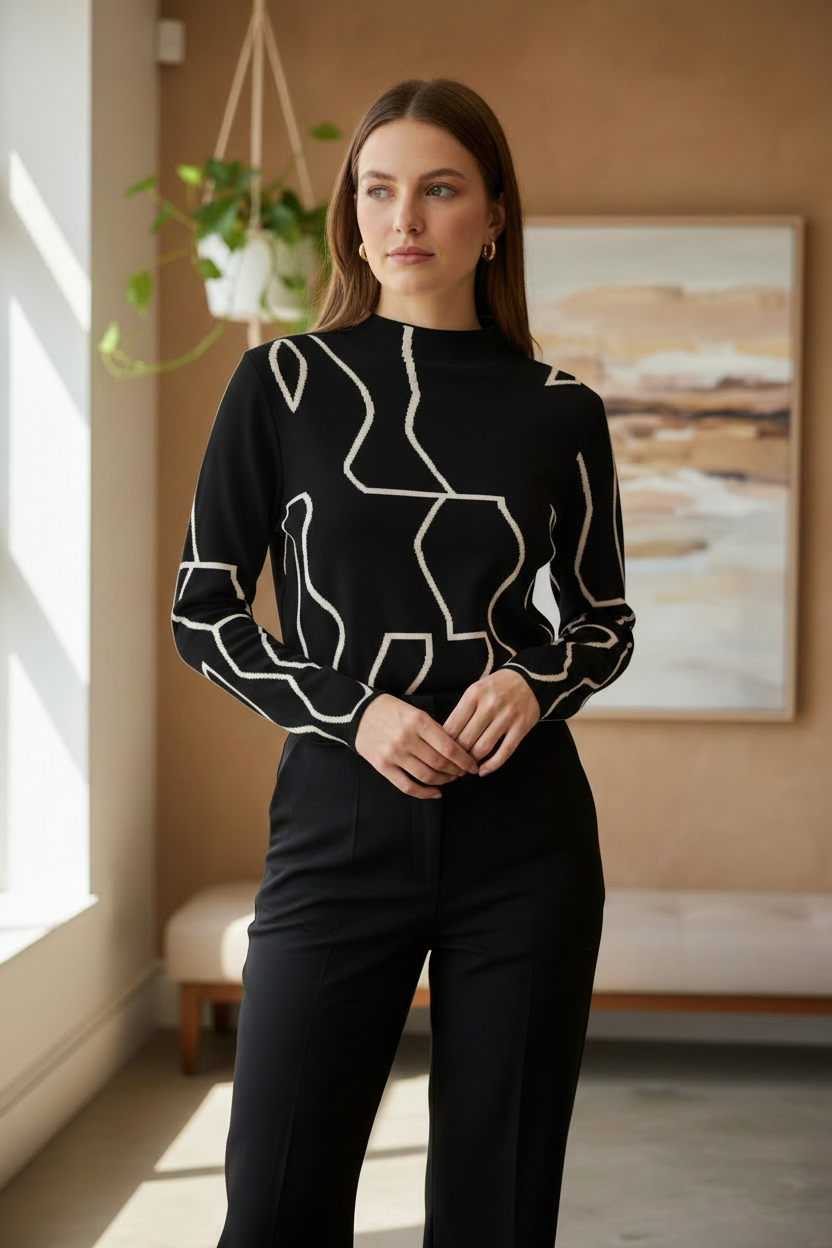 Model wearing a black long-sleeve top with cream abstract geometric line pattern and a high neckline in a front-facing pose.