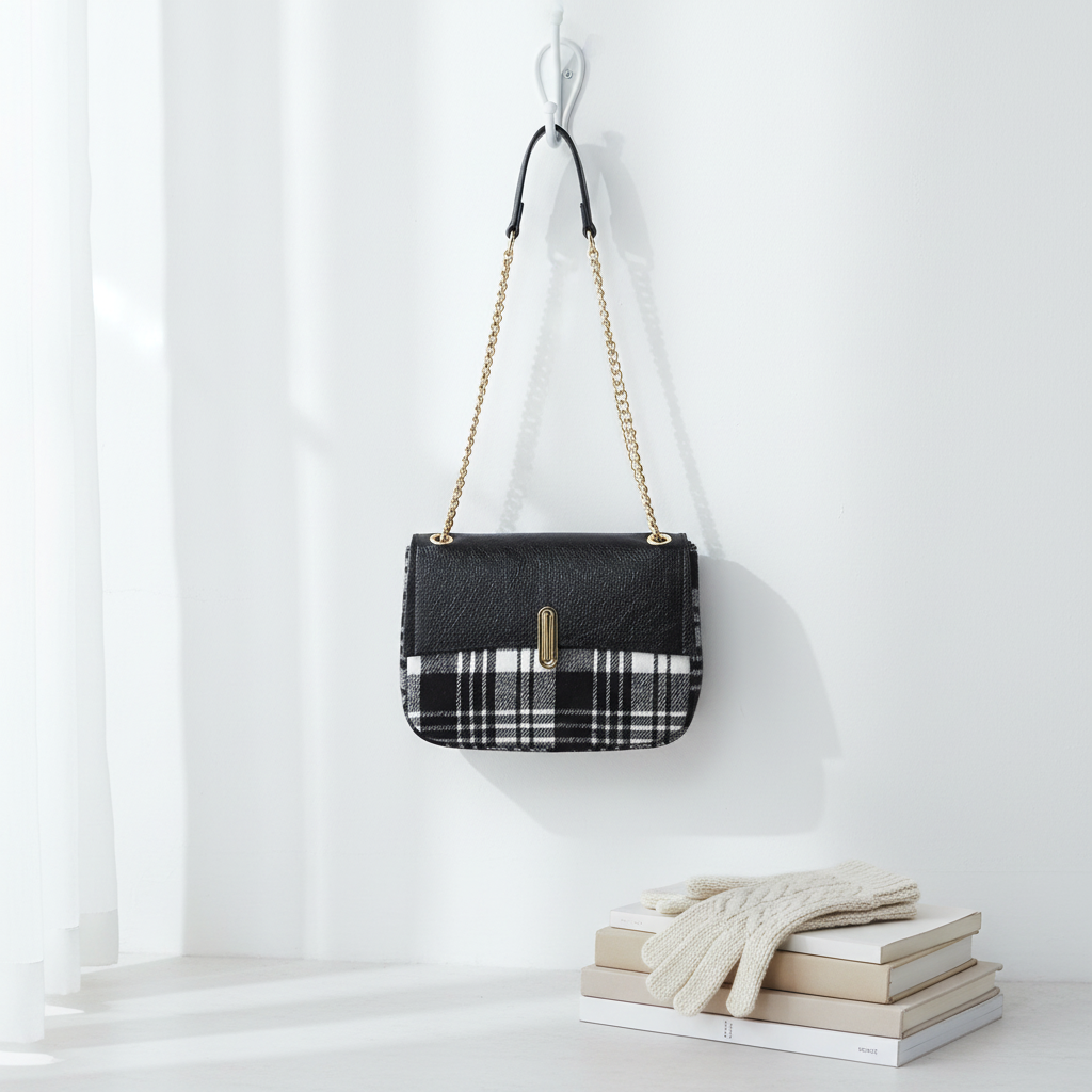 Black/White Plaid Twist-Lock Crossbody Bag | Jen & Co - M2910-BK.WT
