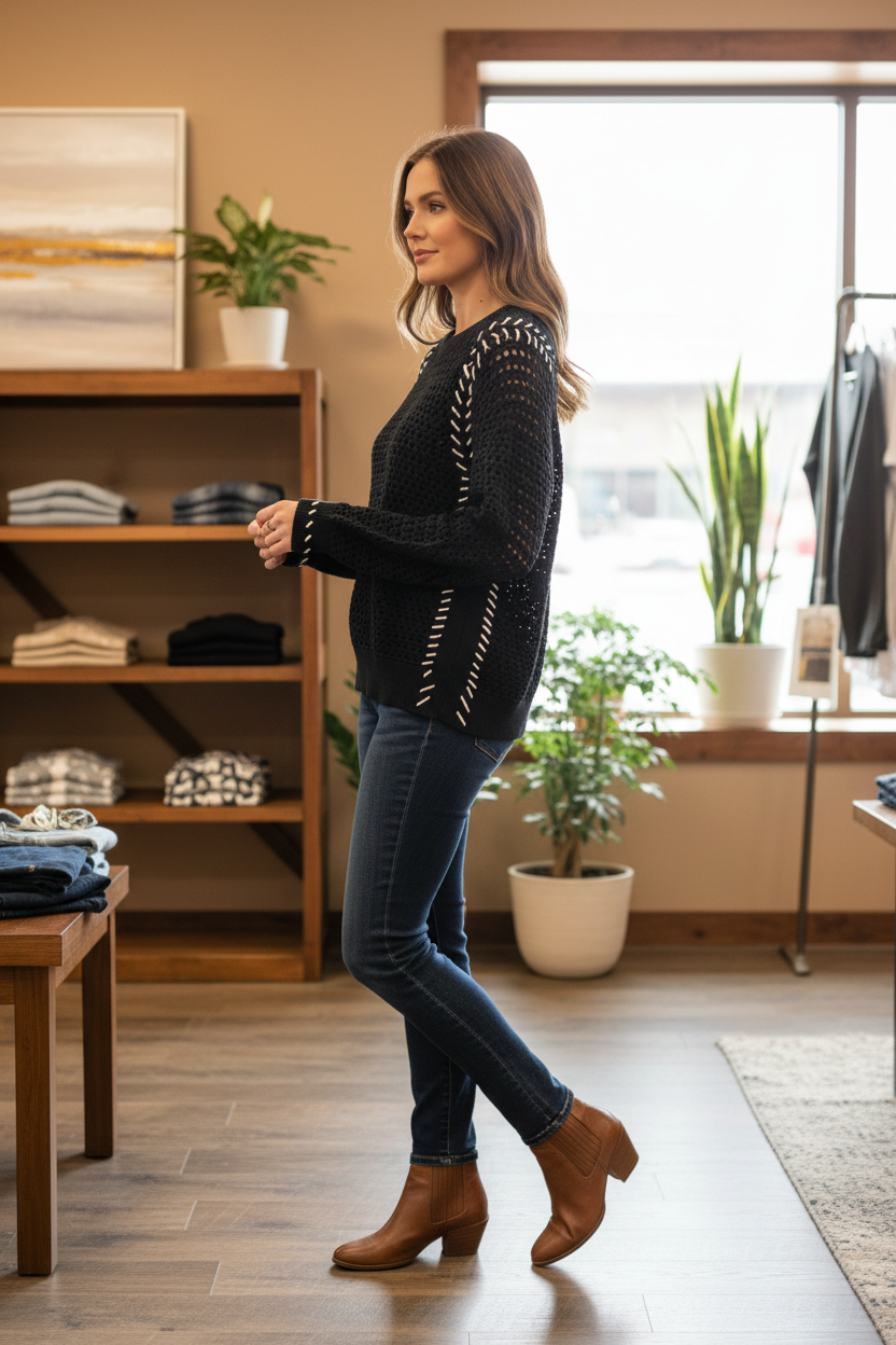 Woman wearing a black Tribal open-knit sweater with white arrow-like accents along the raglan seams and cuffs in a side-profile pose.
