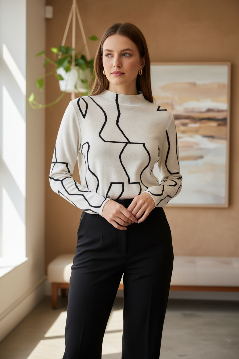 Model wearing a cream long-sleeve top with black abstract geometric line pattern and a high neckline in a front-facing pose.