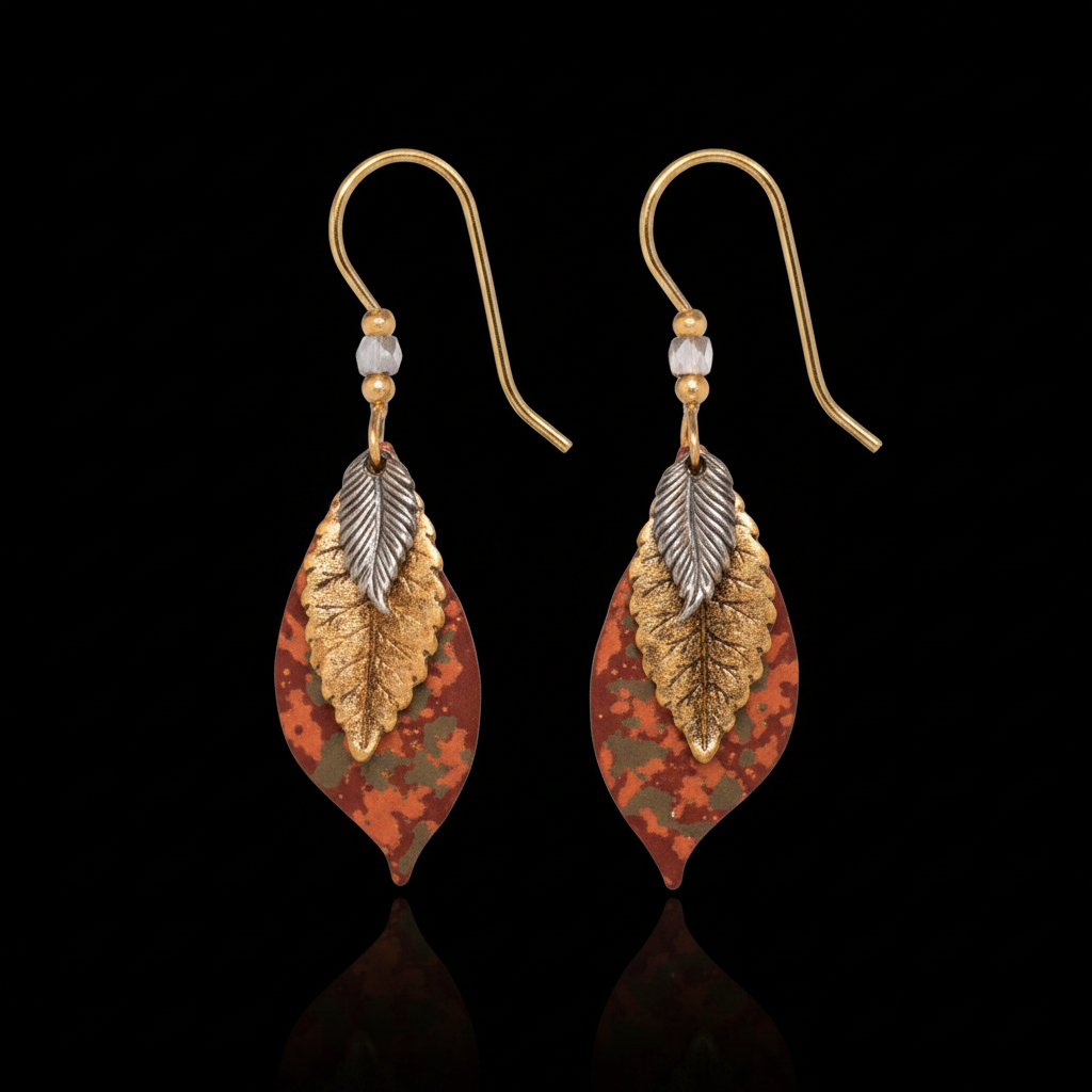 Autumn Leaf & Feather Drop Earrings Silver Forest NE-0678