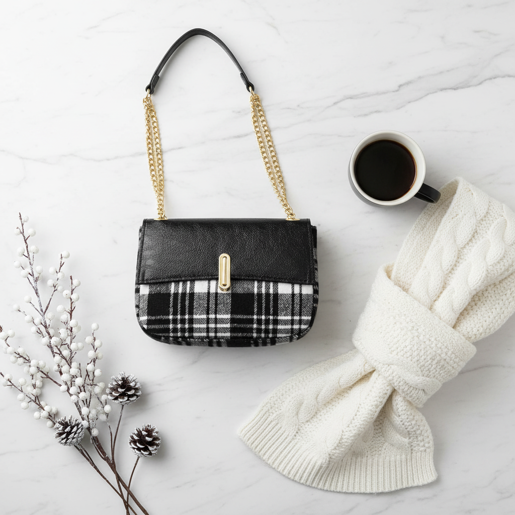 Black/White Plaid Twist-Lock Crossbody Bag | Jen & Co - M2910-BK.WT