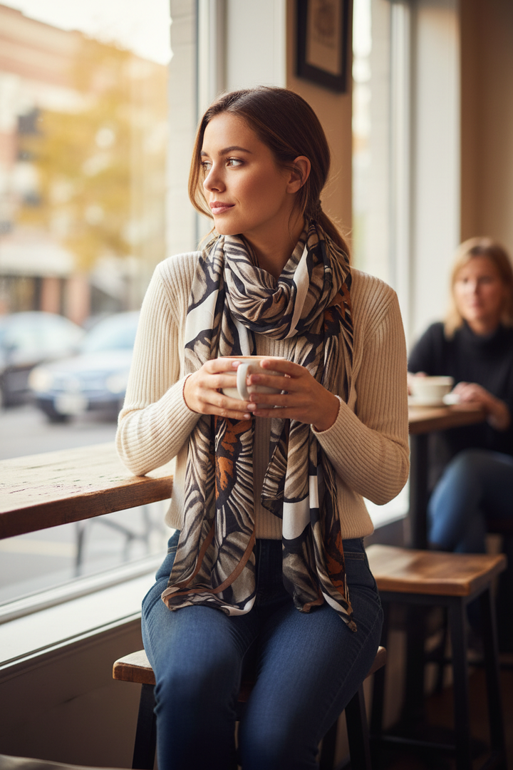 Khaki Botanical Scarf - Café