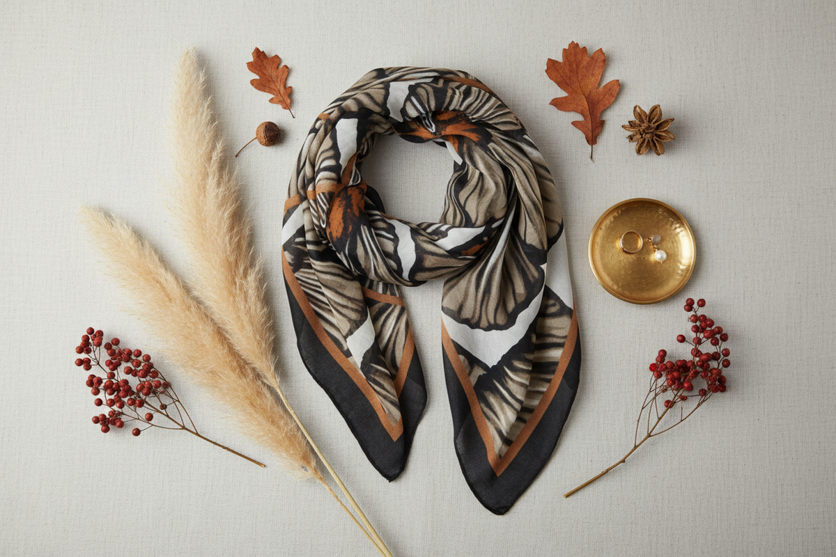 Khaki Botanical Scarf - Flat Lay