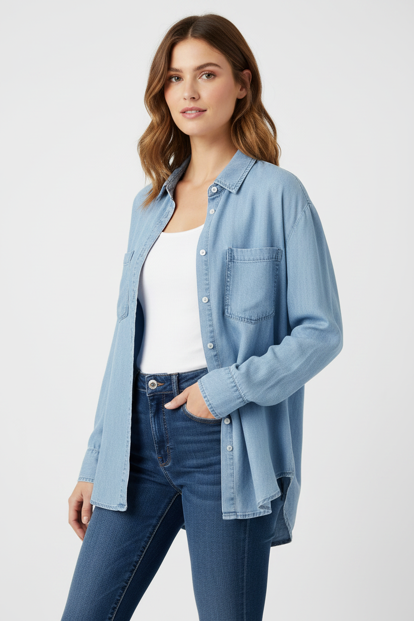 Ee:some TK16404 Button Down Notched Collar Chambray Shirt
