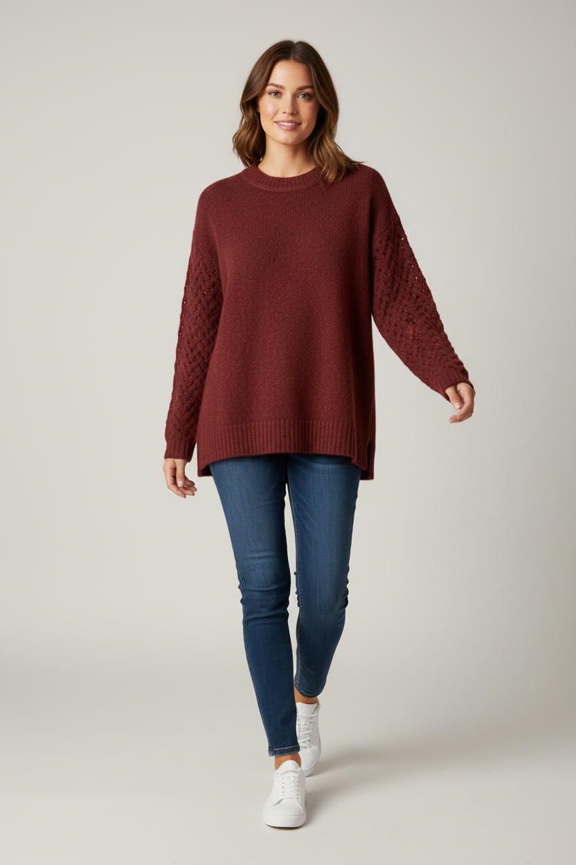 Burgundy Pointelle Sleeve Crew Neck Sweater Charlie B C2675-684B