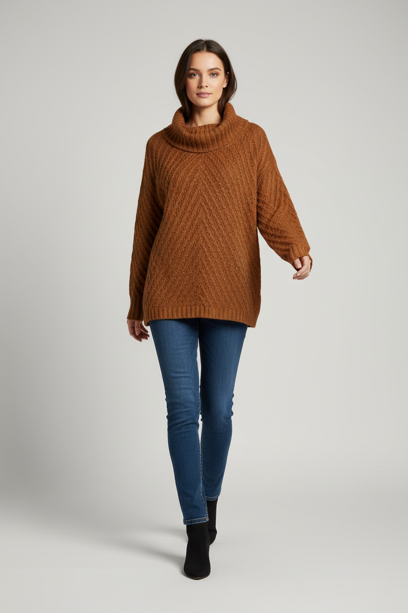 Caramel Cable-Knit Cowl Neck Sweater Charlie B C29