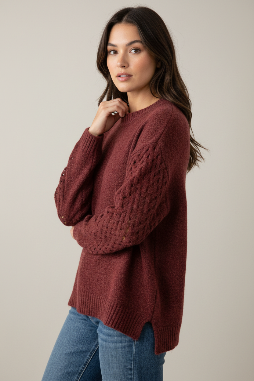 Burgundy Pointelle Sleeve Crew Neck Sweater Charlie B C2675-684B