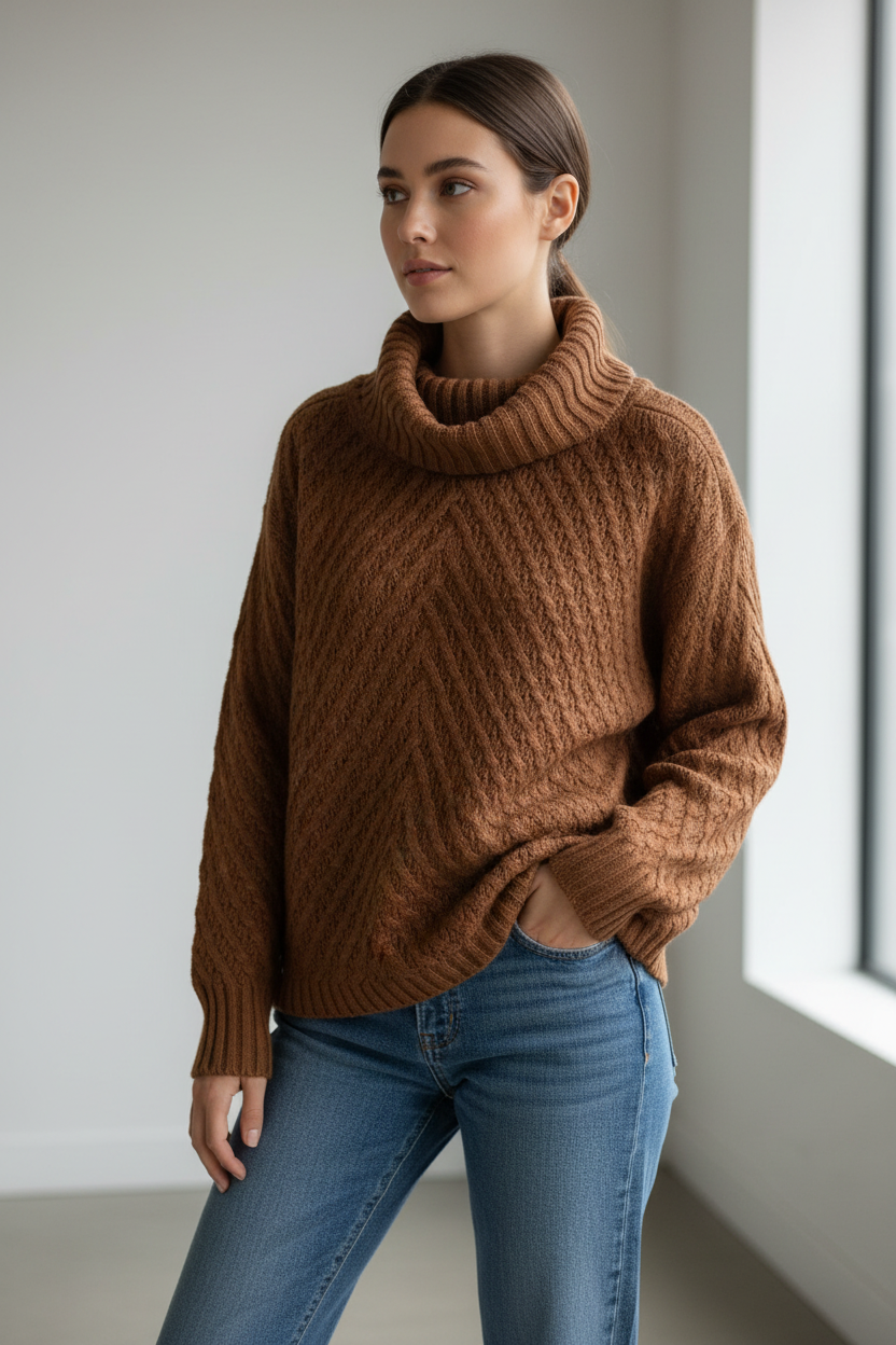 Caramel Cable-Knit Cowl Neck Sweater Charlie B C29