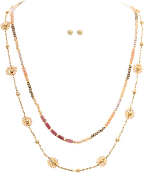 Pink Bead Layer Necklace Rain Jewelry N3050PK