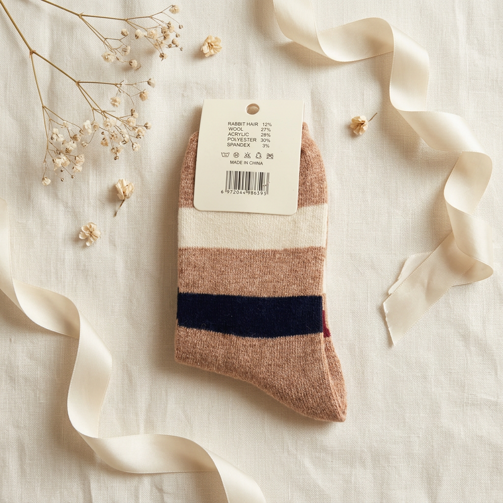 Camel Knit Socks with Cream & Navy Stripes Jasper Trading LLC 1502