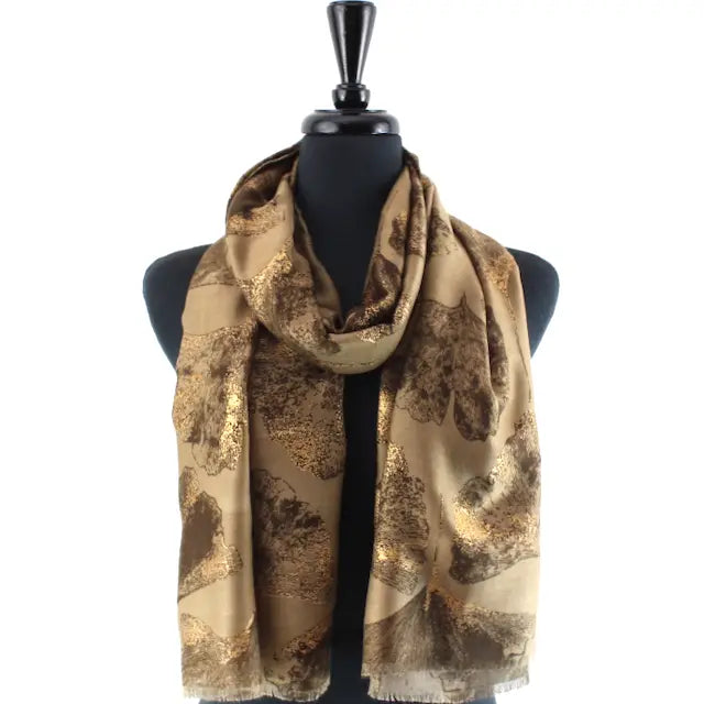 Brown W/Gold Metalic Printed Scarf Pretty Persuasions s25213-03