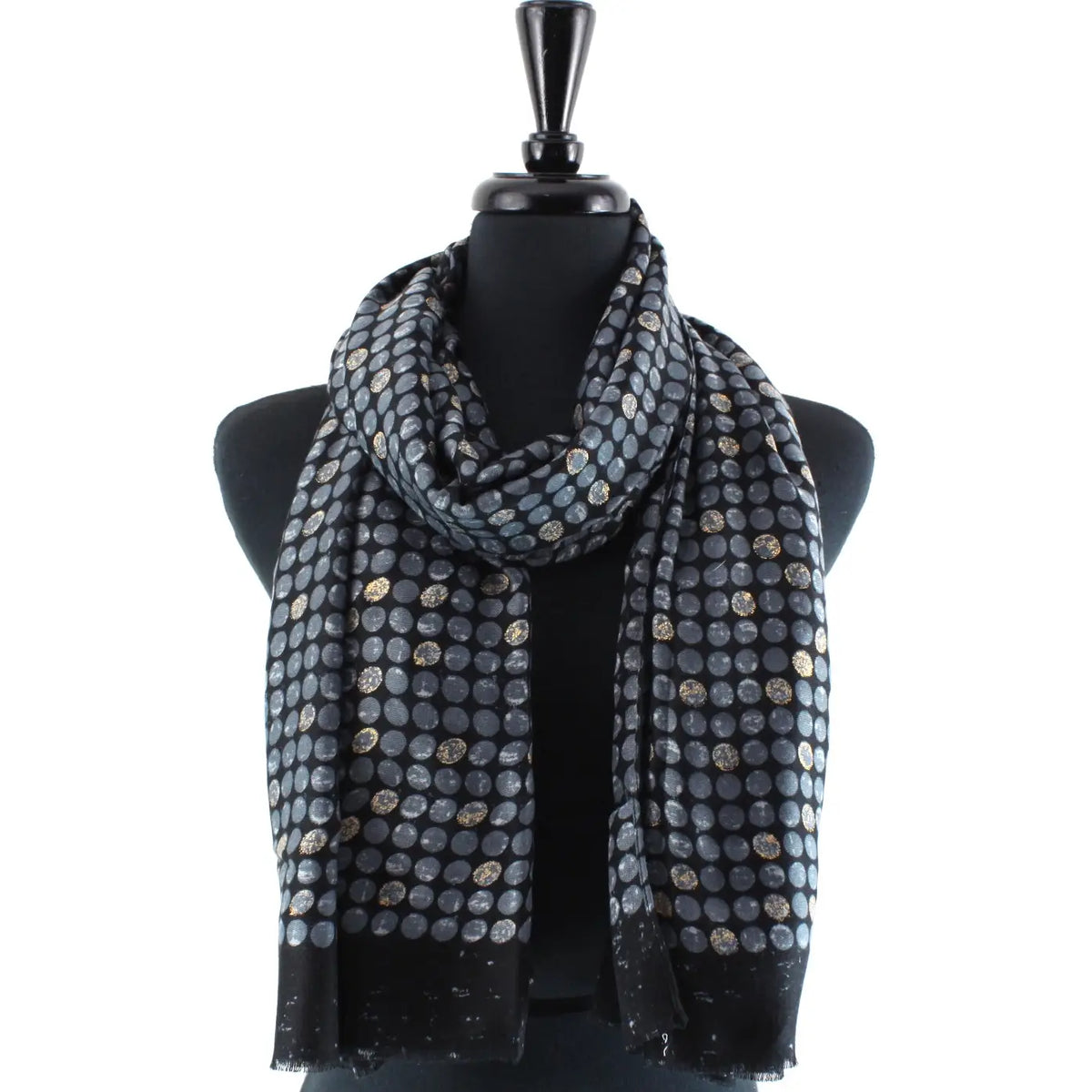 Lightweight Printed Black Scarf w/ Gold Metalic Pretty Persuasions s25232-05