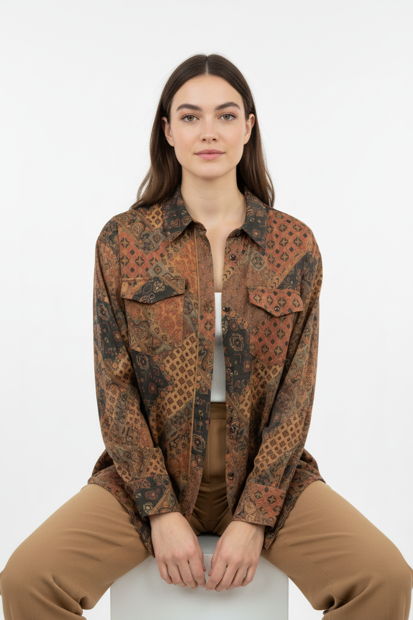 Multicolor Brown and Red Easel Button Up et30185