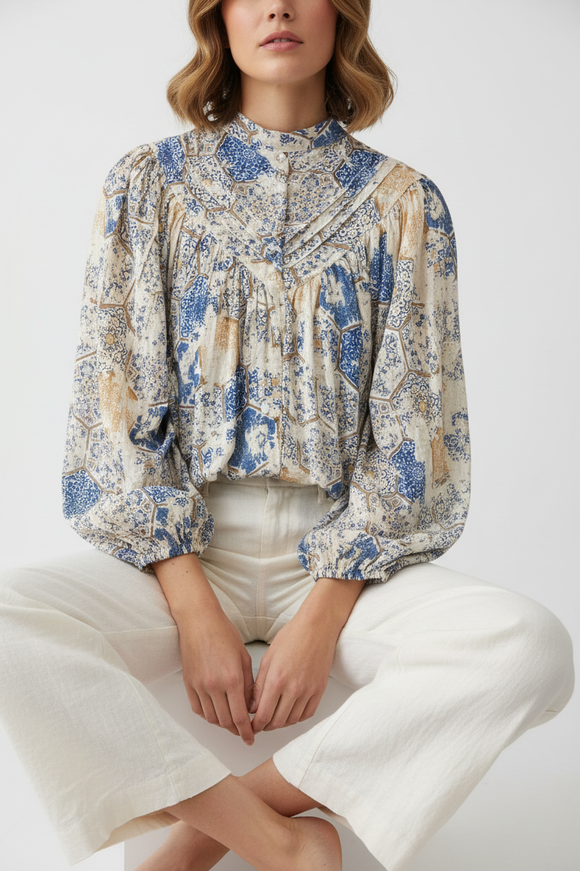 Ivory Blue Printed Button Down Long Sleeve Blouse ee:some tk16955