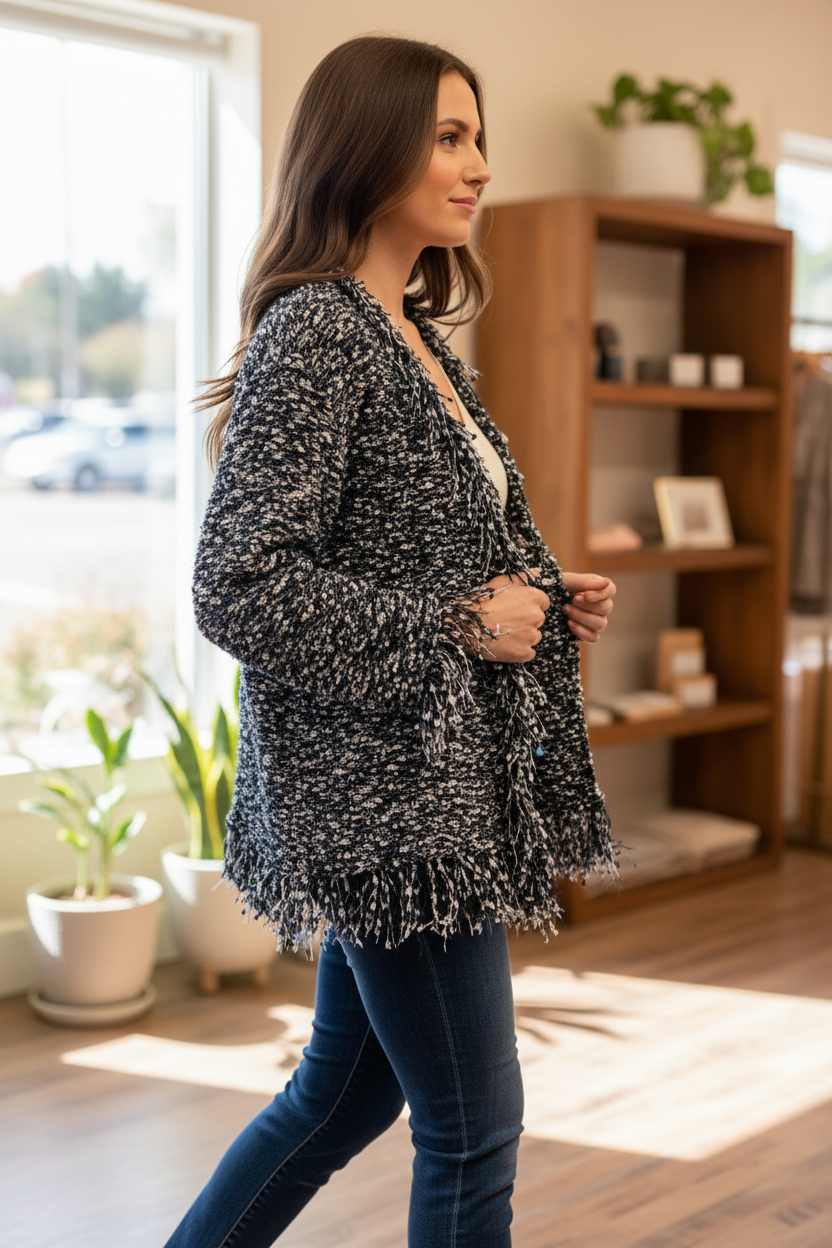 Navy Marled Bouclé Fringe-Trim Cardigan