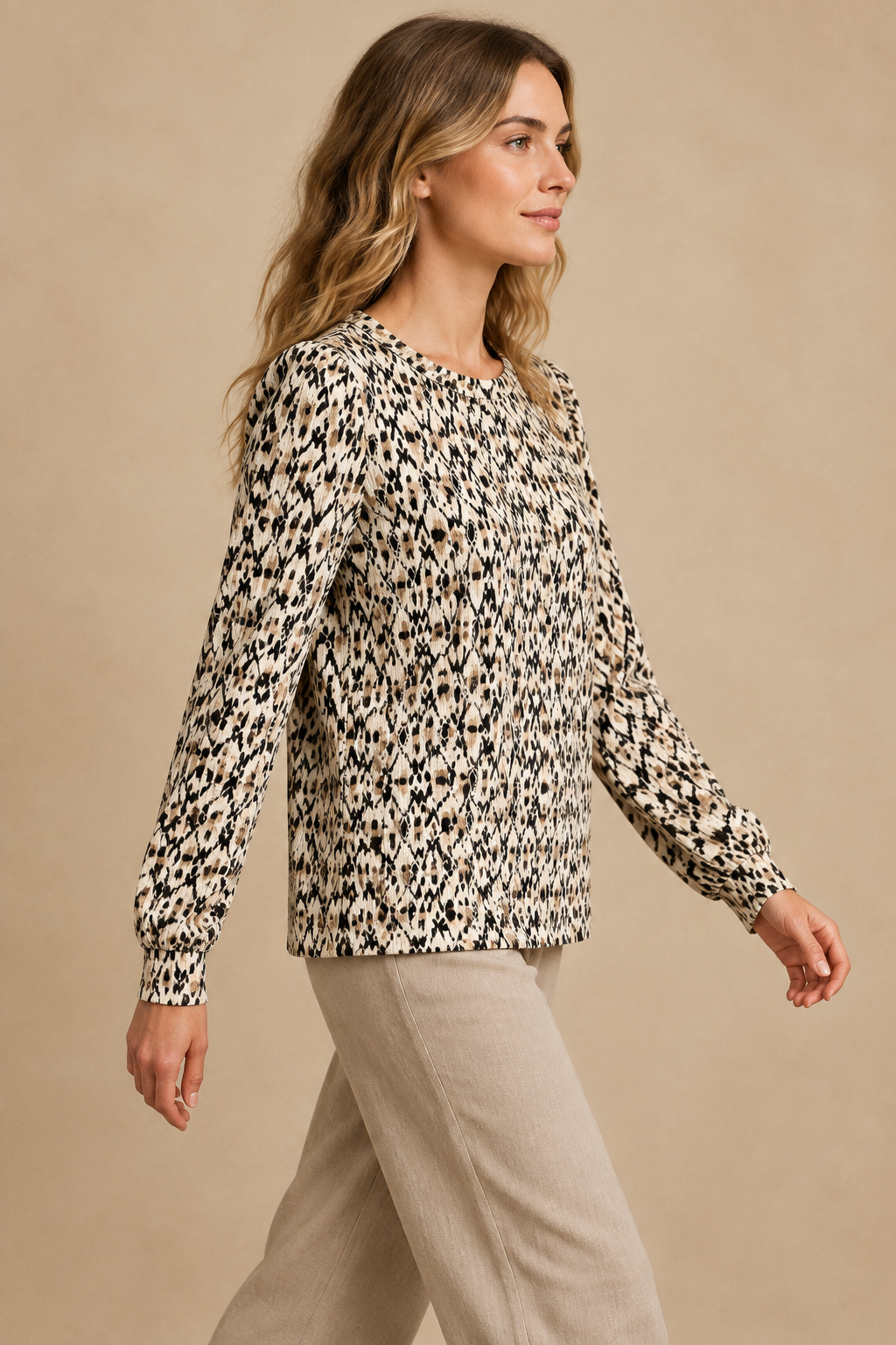 Tribal Cream Black Abstract Print Long Sleeve Top Tribal 2330O-8319-3265